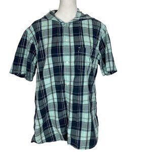 QUIKSILVER Men Hooded Short Sleeve Button Down Plaid Shirt Sz M Green Black 43-2